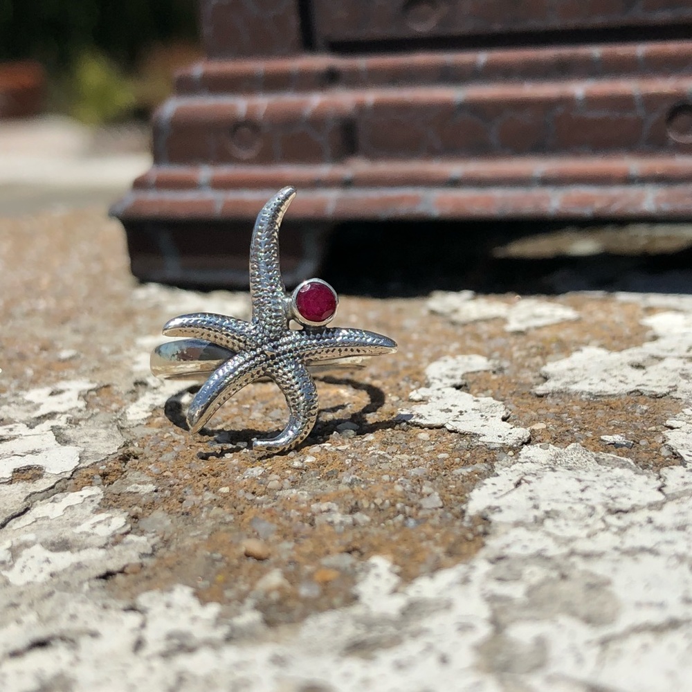 Ruby Indian Sterling Silver Starfish Ring Sz 6.5 - image 4